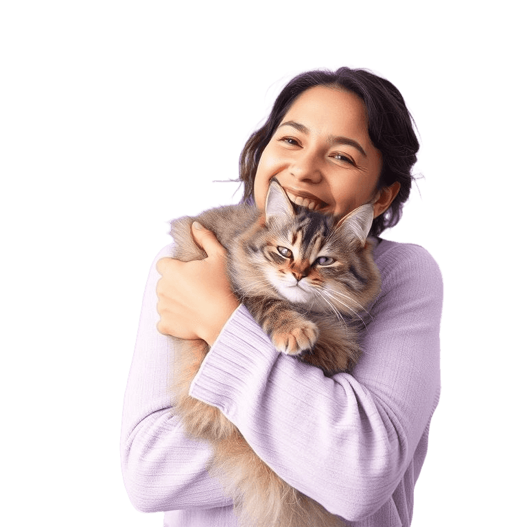 Mulher sorridente abraçando um gato